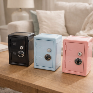 Huchas caja fuerte diferentes colores en una mesa