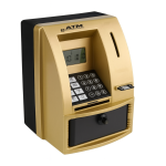 Hucha electrónica dorada con forma de cajero automático, pantalla digital, ranura para monedas, teclado numérico y cajón de ahorro negro