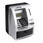 Hucha electrónica plateada con forma de cajero automático, pantalla digital, ranura para monedas, teclado numérico y cajón de ahorro negro