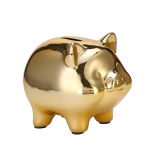 Hucha de cerdito dorada de cerámica con acabado brillante