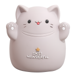 Hucha con forma de gato sonriente color gris, diseño adorable con estrella dorada y la frase