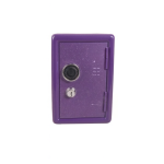 Hucha caja fuerte pequeña de color morado con cerradura de combinación y llave