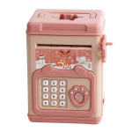 Hucha electrónica rosa para niños con diseño de cajero automático y temática de invierno.