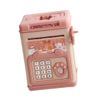 Hucha electrónica rosa para niños con diseño de cajero automático y decoración invernal, vista en ángulo.