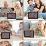 Hucha de madera interactiva utilizada por diferentes generaciones, desde abuelos hasta niños, en un ambiente familiar