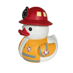 Hucha con forma de pato bombero con casco rojo y uniforme amarillo