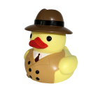 Pato de goma vestido de detective, con sombrero marrón y traje beige
