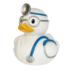 Pato de goma disfrazado de médico, con gafas, estetoscopio azul y espejo frontal