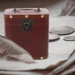 Hucha decorativa en forma de cofre de madera marrón con cierre metálico y monedas alrededor