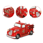Camión de bomberos rojo de juguete en miniatura, con detalles en plata y negro, mostrado desde varios ángulos sobre fondo blanco