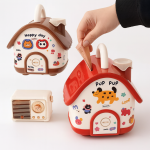 Hucha infantil con forma de casa de colores, decoración de dibujos animados y ranura en el techo para introducir billetes y monedas.