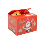 Hucha navideña roja con ilustración de Papá Noel y adornos de Navidad sobre fondo blanco