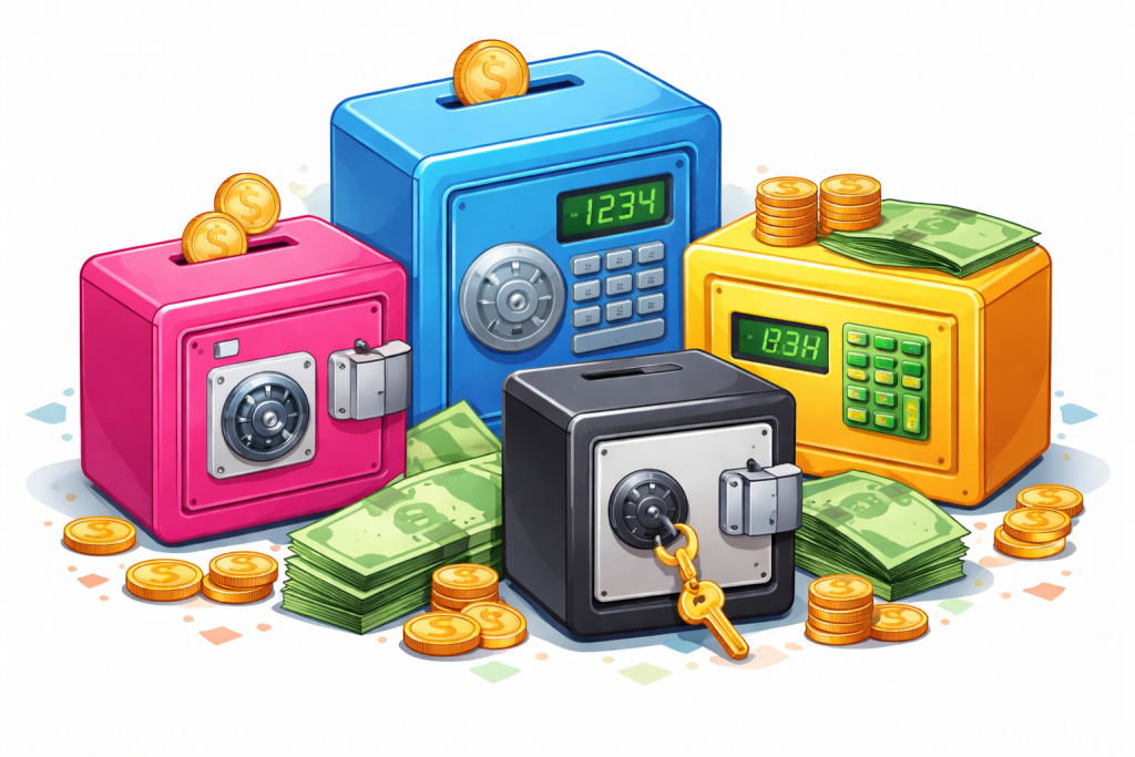 Imagen real de huchas caja fuerte con llave y contraseña, con billetes y monedas, ideales para ahorrar dinero de forma segura en casa.