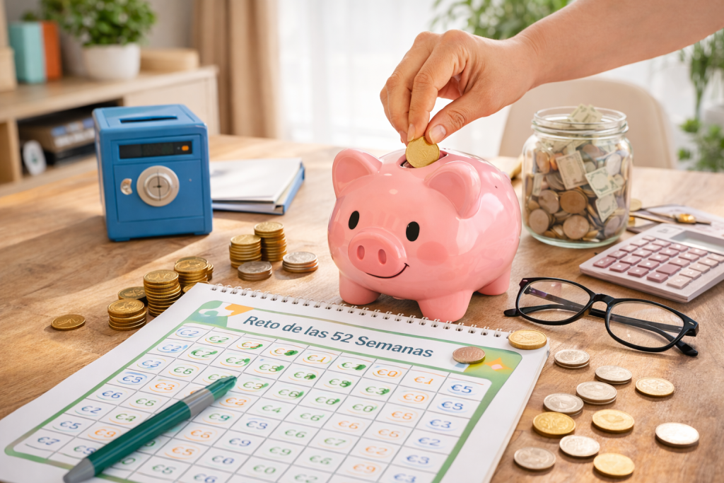 Mano introduciendo una moneda en una hucha de cerdito junto a un calendario del reto de las 52 semanas y monedas sobre una mesa