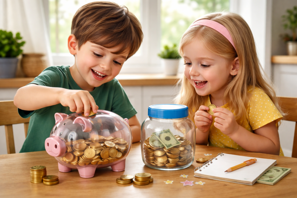 Fotografía real de niños ahorrando dinero con una hucha de cerdito y frascos transparentes para aprender el ahorro visual