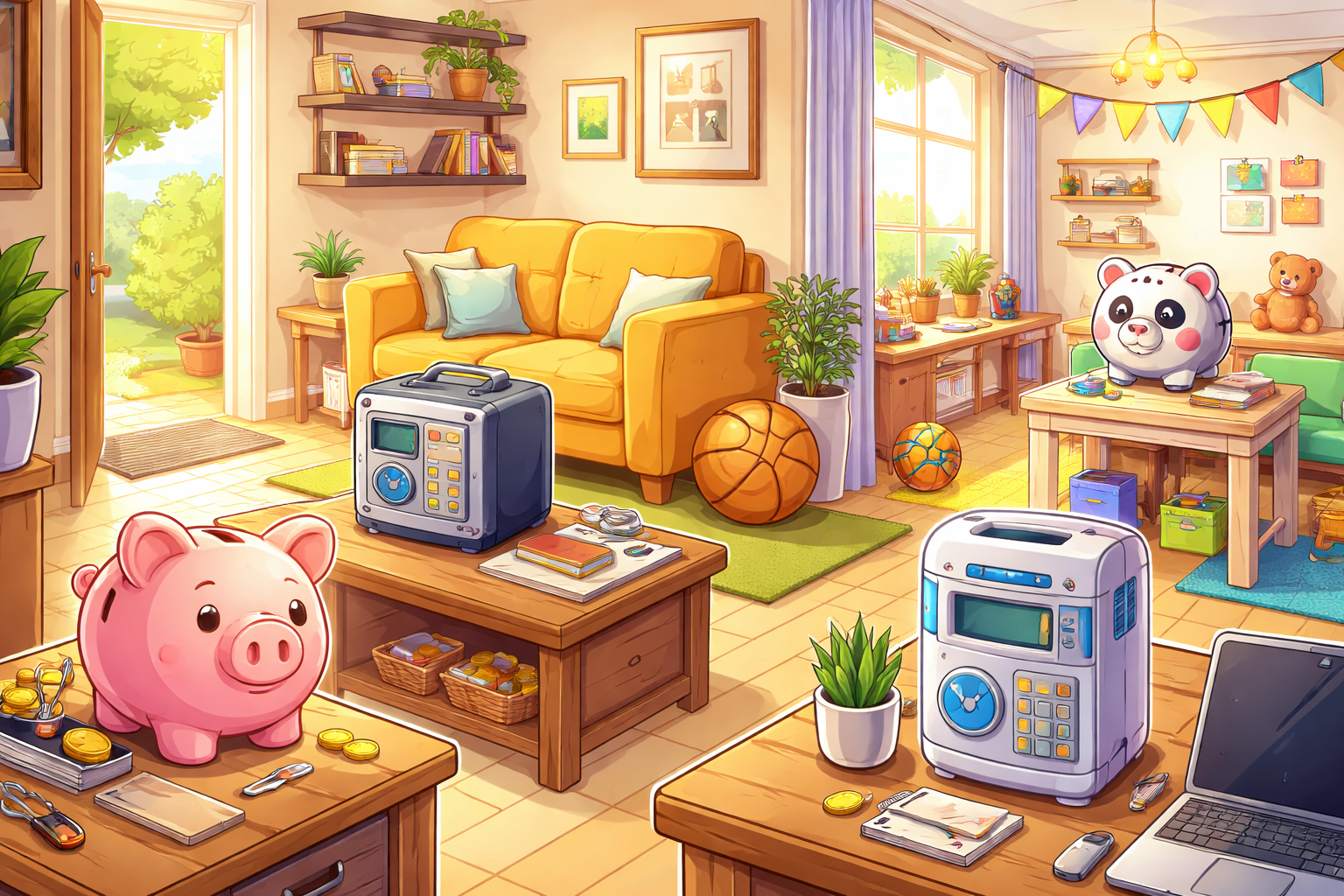 Ilustración estilo cartoon de varias huchas colocadas en diferentes espacios del hogar como el salón, la entrada y la habitación infantil para fomentar el ahorro.