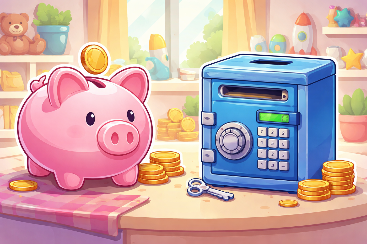 Ilustración estilo cartoon de una hucha de cerdito abierta junto a una hucha cerrada tipo caja fuerte con monedas, representando la diferencia entre ambas opciones de ahorro.