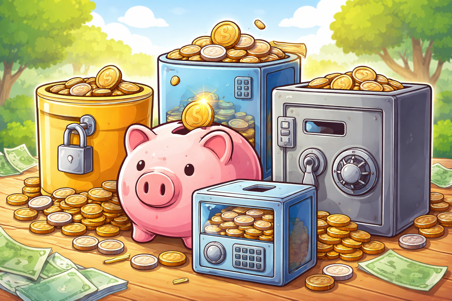 Ilustración estilo cartoon de varias huchas llenas de monedas sobre una mesa de madera, incluyendo una hucha cerdito, una caja fuerte y modelos electrónicos coloridos.