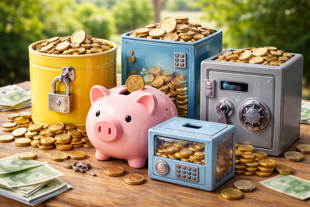 Fotografía realista de varias huchas llenas de monedas, incluyendo una hucha cerdito, una hucha con llave y modelos tipo caja fuerte y electrónicos sobre una mesa de madera.