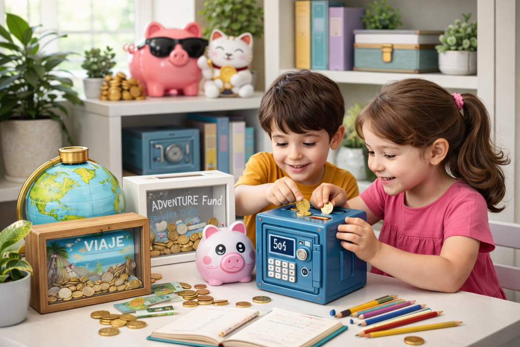 Niños utilizando huchas originales y huchas caja fuerte para aprender a ahorrar de forma visual y divertida en casa