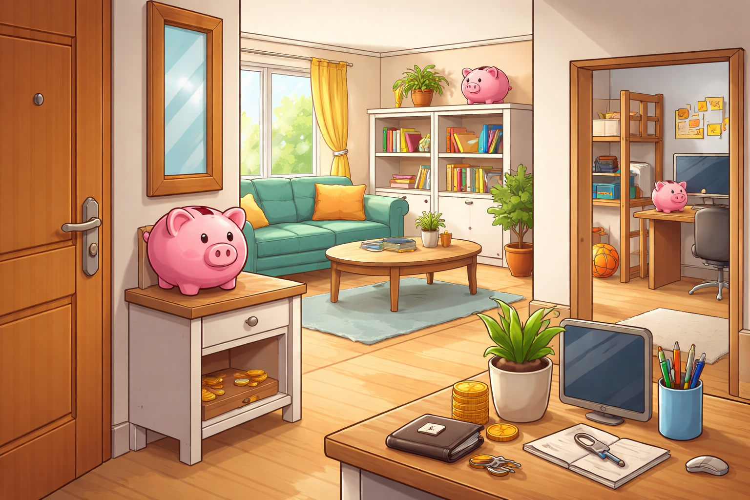 Ilustración de huchas de cerdito colocadas en diferentes lugares de una casa como la entrada, el salón y un escritorio para fomentar el ahorro diario.