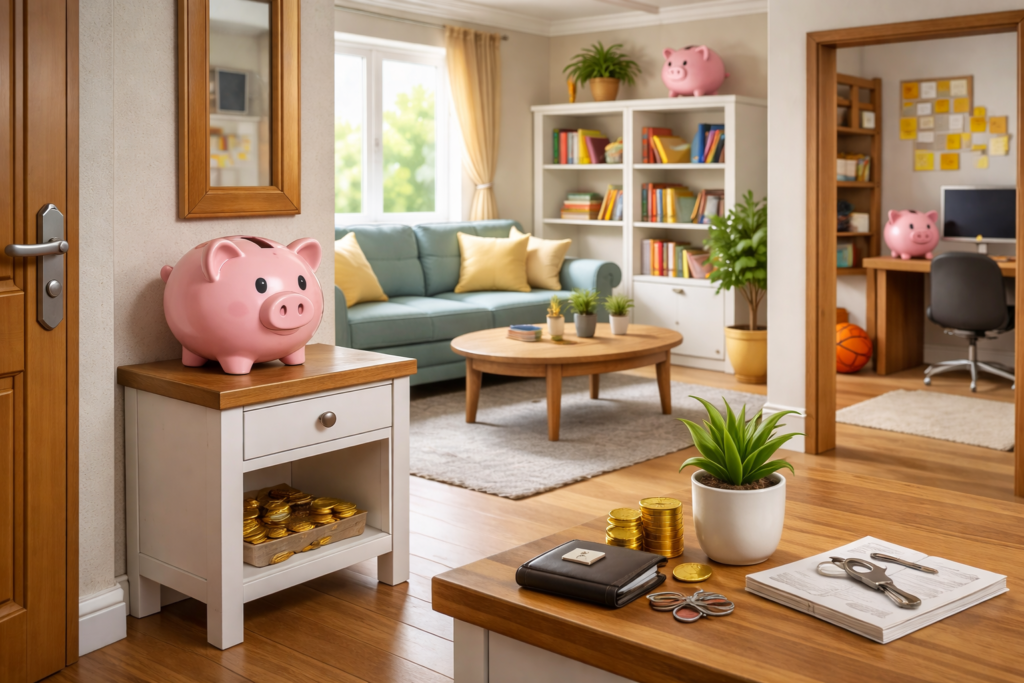 Hucha de cerdito rosa colocada sobre un mueble en el salón de una casa luminosa con monedas y decoración del hogar para ilustrar el hábito del ahorro.