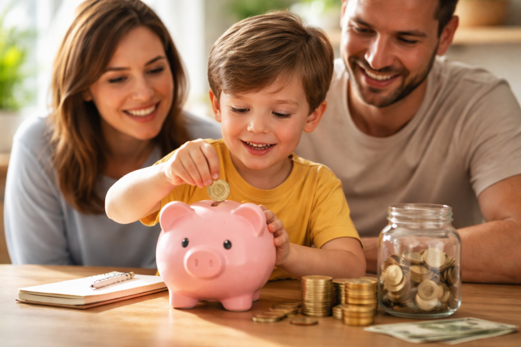 Imagen realista de un niño introduciendo una moneda en una hucha de cerdito junto a sus padres en un entorno familiar luminoso