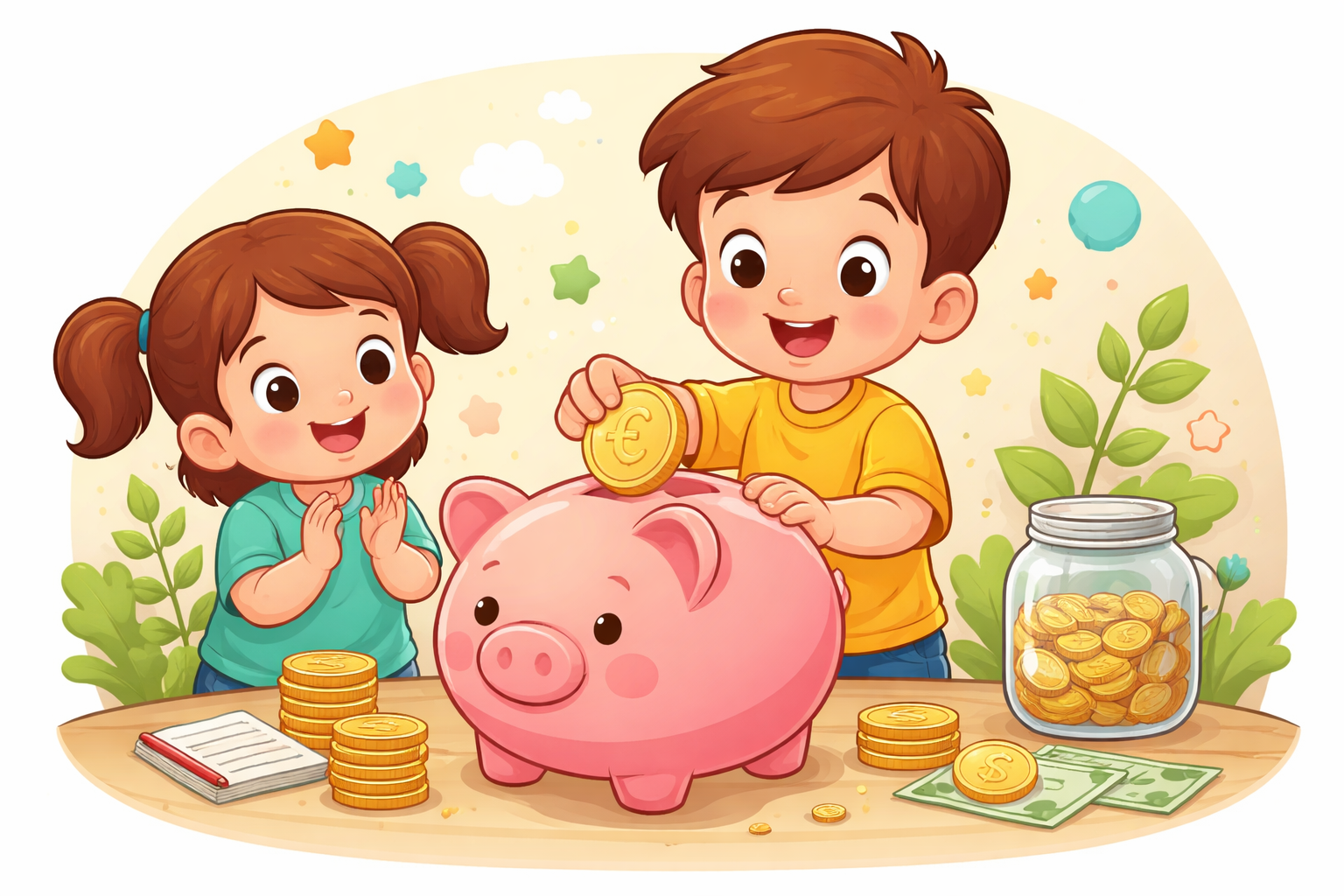 Ilustración estilo cartoon de dos niños colocando monedas en una hucha de cerdito rodeados de dinero y ahorros