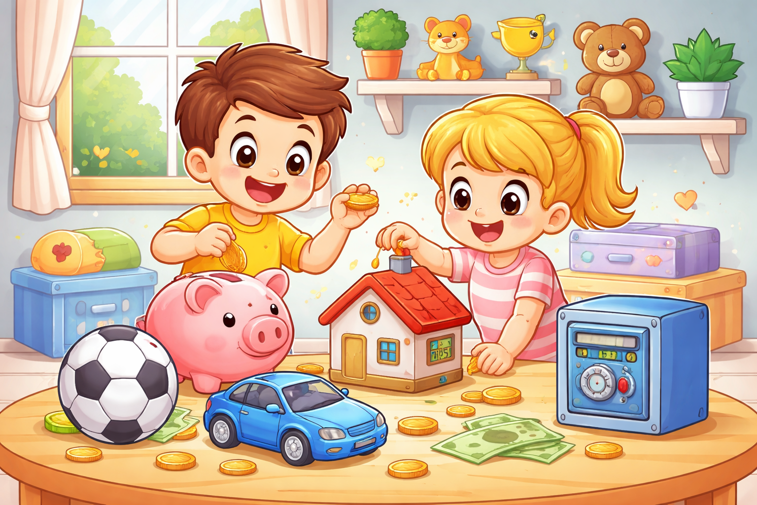 Niños ahorrando dinero con diferentes huchas en una habitación infantil, concepto de educación financiera divertida para niños