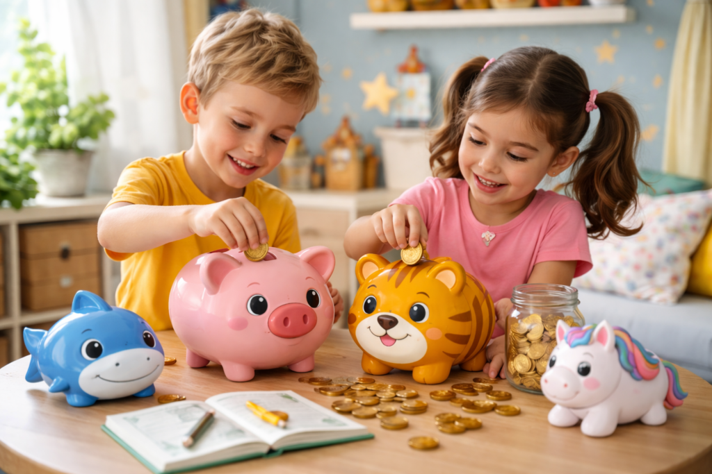 Fotografía realista de dos niños introduciendo monedas en huchas de animales sobre una mesa en una habitación infantil luminosa.