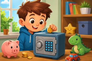 hucha caja fuerte para niños ilustración infantil ahorro dinero cartoon