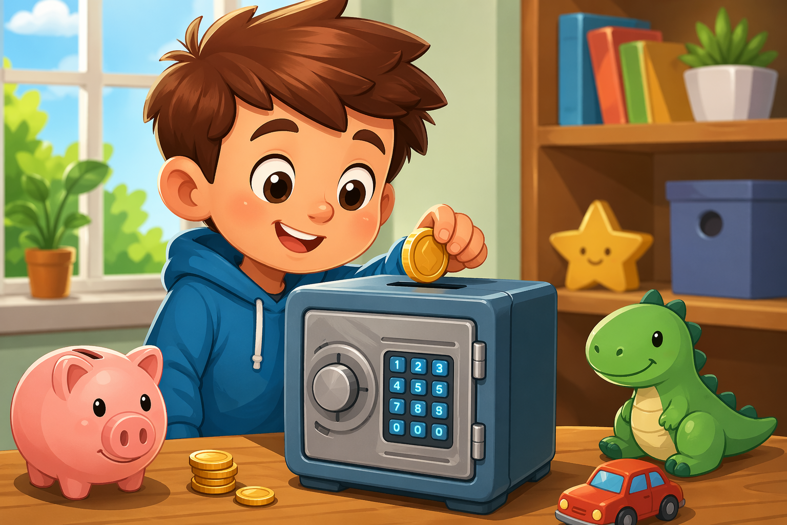 hucha caja fuerte para niños ilustración infantil ahorro dinero cartoon