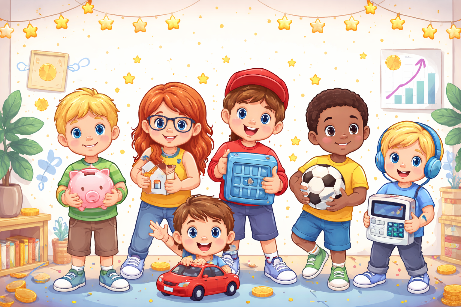 Niños con diferentes tipos de huchas según su personalidad aprendiendo a ahorrar dinero de forma divertida