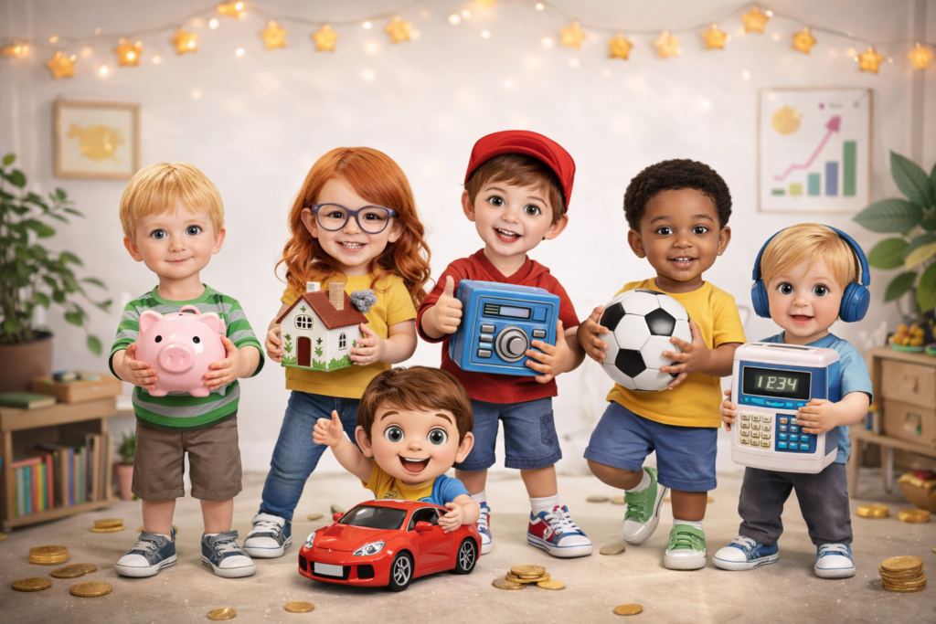 Niños con diferentes tipos de huchas según su personalidad en un entorno real aprendiendo a ahorrar dinero