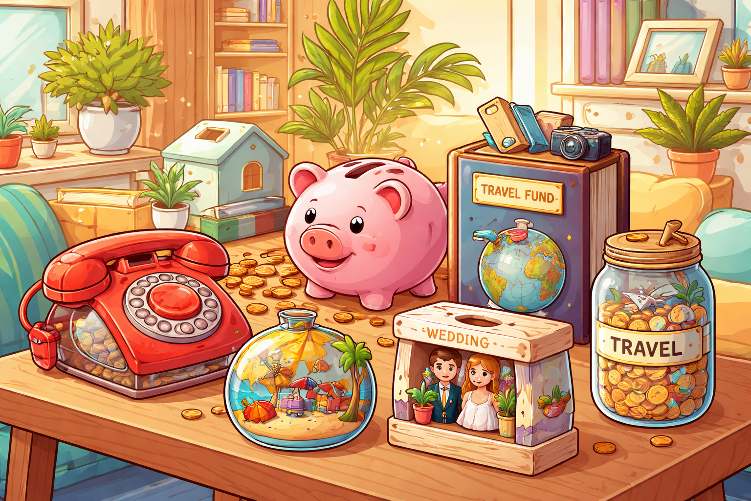 ilustración de huchas originales modernas y creativas para ahorrar dinero en casa en 2026