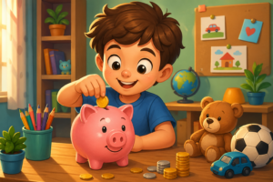 Ilustración estilo cartoon de un niño feliz guardando monedas en una hucha de cerdito rodeado de juguetes en su habitación