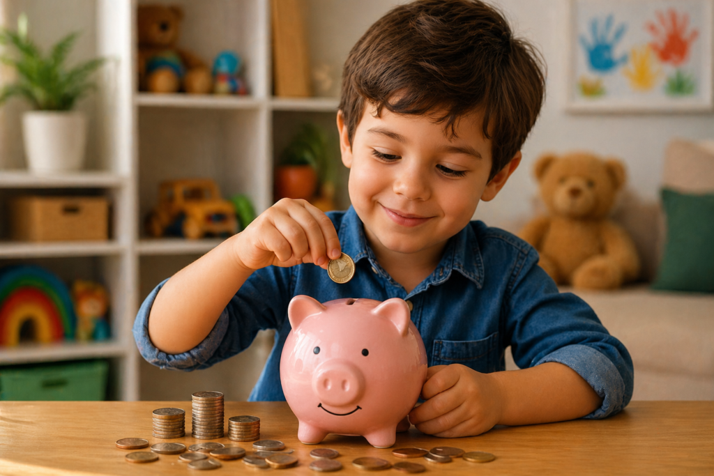 Imagen realista de un niño guardando monedas en una hucha de cerdito sobre una mesa en su habitación con juguetes alrededor