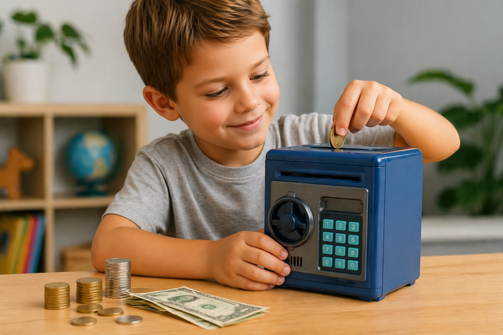 niño ahorrando dinero con hucha caja fuerte electrónica en un entorno doméstico