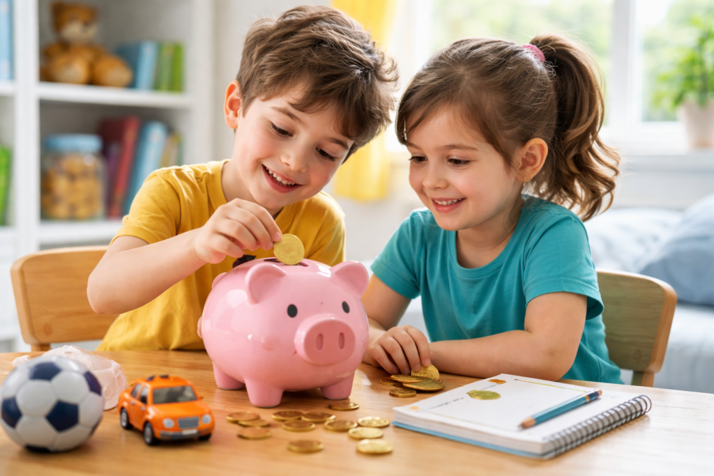 Niños guardando monedas en una hucha de cerdito sobre una mesa, aprendiendo a ahorrar dinero en un entorno familiar luminoso