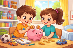 Dos niños felices guardando monedas en una hucha de cerdito en una habitación infantil luminosa, aprendiendo a ahorrar dinero de forma divertida