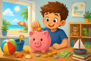 Niño ahorrando monedas en una hucha de cerdito antes de las vacaciones de verano en una ilustración estilo cartoon.