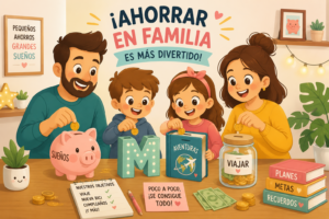 Familia ahorrando dinero con huchas originales y decorativas en una ilustración estilo cartoon.