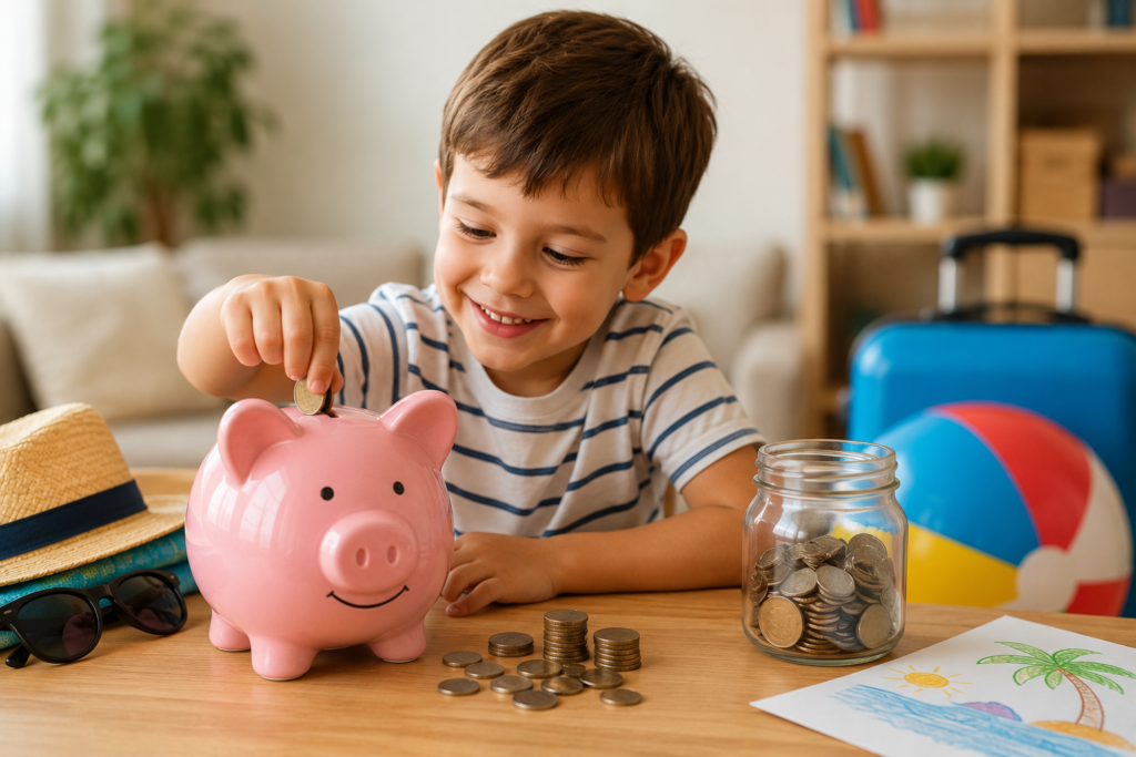 Niño guardando monedas en una hucha de cerdito antes de las vacaciones de verano en una escena realista y luminosa.