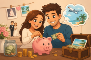 Pareja ahorrando dinero para su boda y luna de miel con una hucha de cerdito y una hucha cofre en una ilustración estilo cartoon