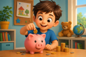 Niño feliz aprendiendo a ahorrar con una hucha infantil electrónica