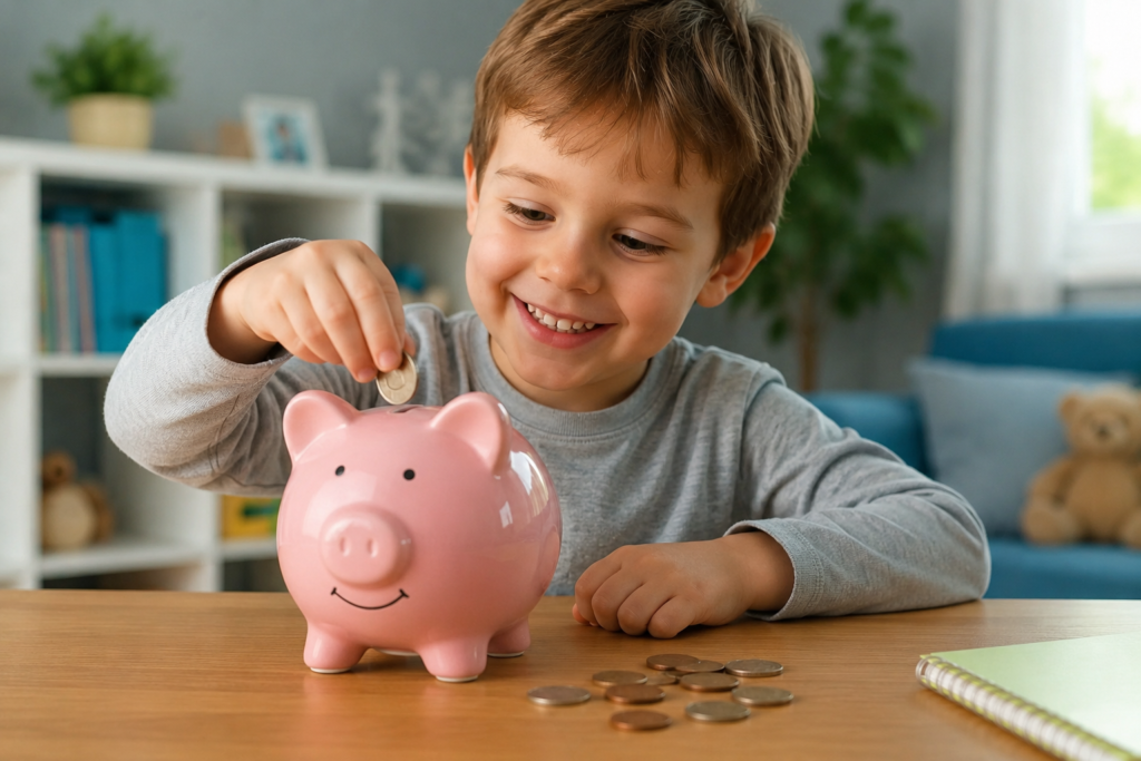 Niño guardando monedas en una hucha rosa en una habitación familiar luminosa