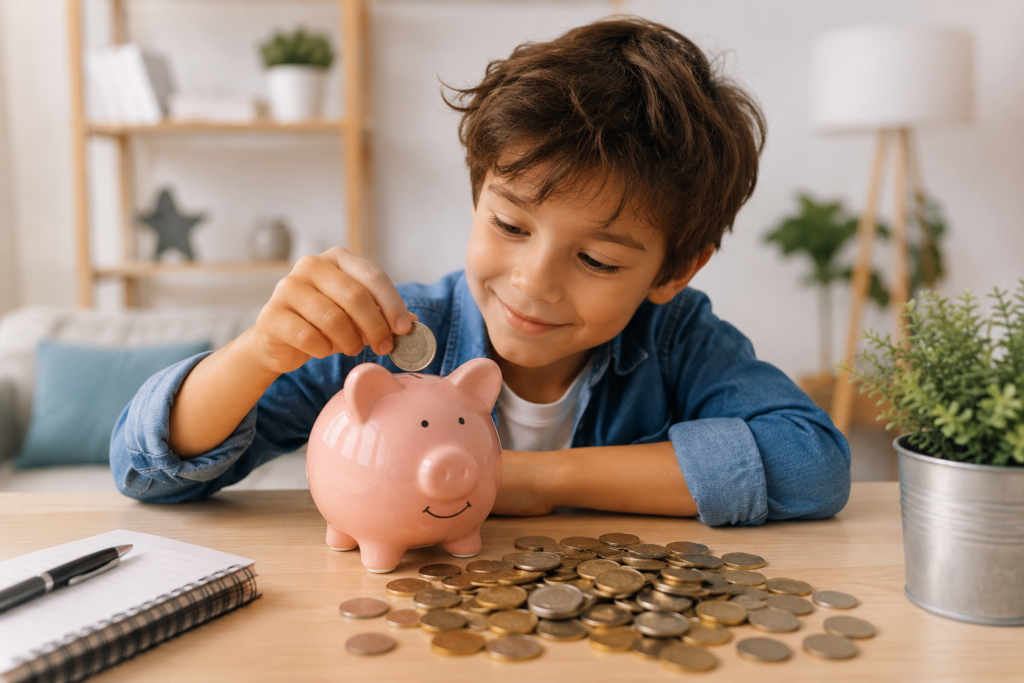 Niño introduciendo una moneda en una hucha de cerdito rosa sobre una mesa con monedas, representando el hábito del ahorro y la educación financiera desde una edad temprana.