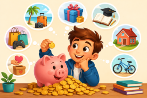 Ilustración de estilo cartoon de un niño sonriendo junto a una hucha de cerdito llena de monedas mientras imagina diferentes formas de utilizar sus ahorros, como viajar, estudiar, comprar una bicicleta o hacer un regalo.