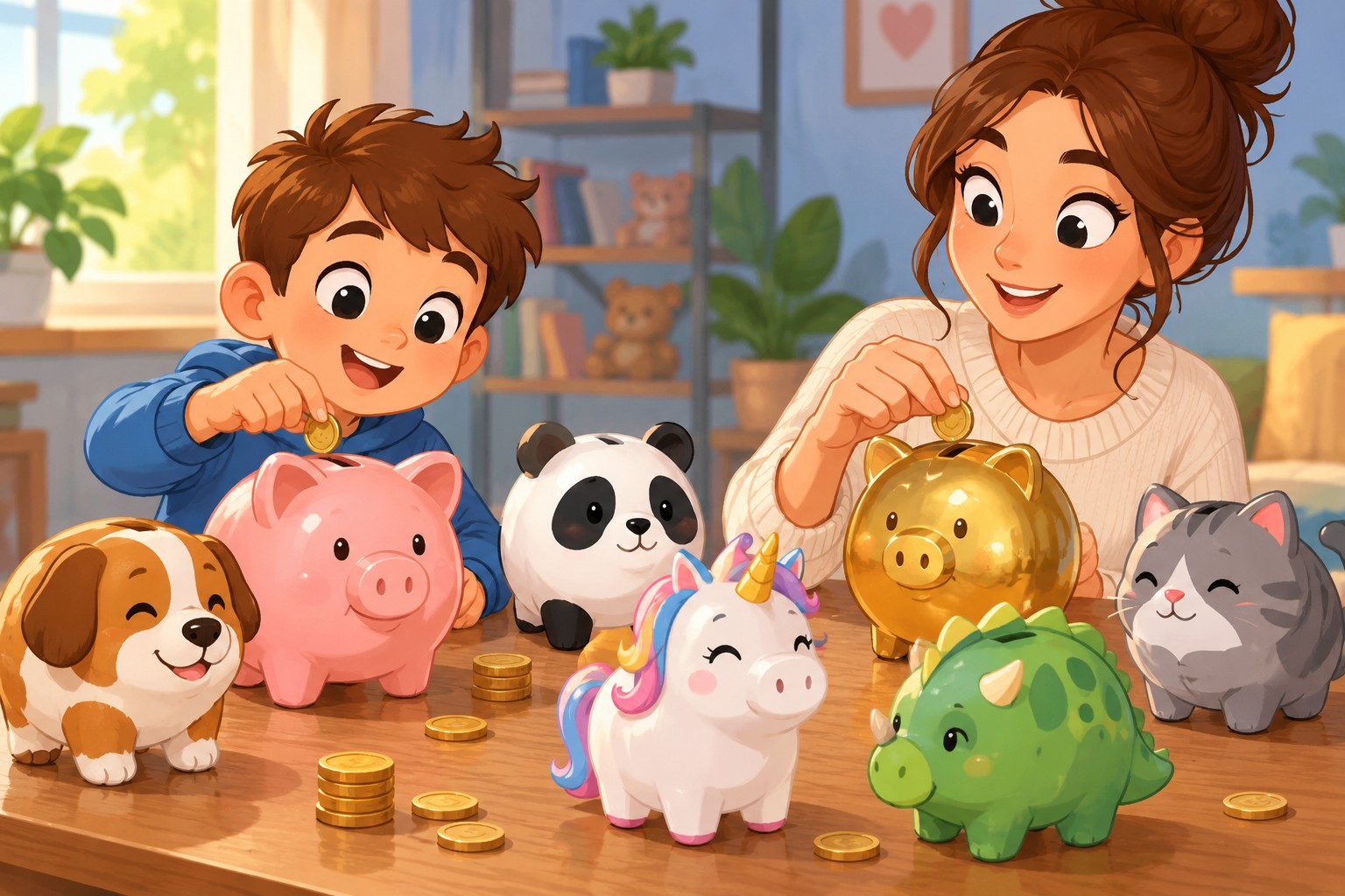 Niño y adulta ahorrando monedas con huchas de cerdito y animales de diferentes diseños