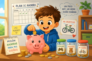 Niño aprendiendo a ahorrar dinero con una hucha de cerdito mediante juegos de ahorro